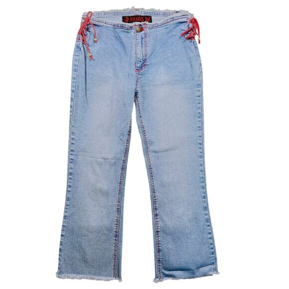 VTG Y2K Mudd Yo! Crop Flare Jeans Low Rise Raw Frayed Waist Red Lace Up Denim 9 - Picture 1 of 11